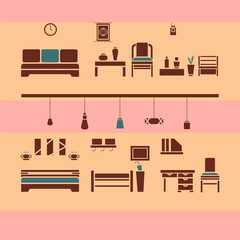 Brown and green furniture icons set with bed, lamp, sofa, chair, decor and table