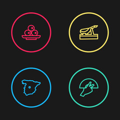 Set line Map of Spain, Fan flamenco, Spanish jamon and Olives plate icon. Vector.