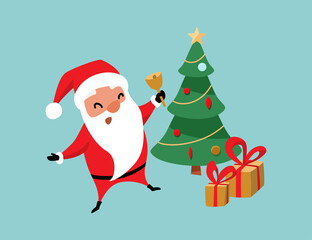 Christmas Santa Claus jumping near christmas tree and gifts and ringing the bell. Winter holiday mood vector background