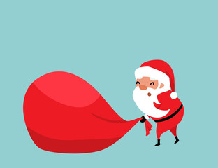 Christmas Santa Claus pulling a huge red bag of gifts with difficulty. Place for your text. Winter holiday mood vector background