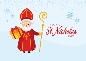 Happy St. Nicholas Day vector. Feast of Saint Nicholas greeting card vector. St. Nicholas with gift box vector. St. Nicholas with a crutch and a red robe in a snowy landscape vector. Important day