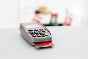 credit card terminal, credit card on table background