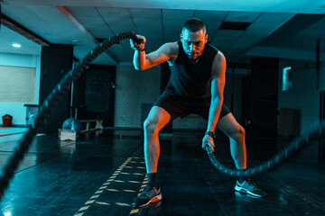 Young man workout with battle ropes.	
