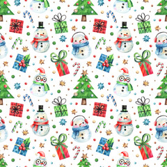 Seamless pattern with hand-drawn watercolor Christmas illustrations. Cute snigoviks, Christmas tree, gifts, candy and confetti. Texture for wrapping paper, decor, fabric