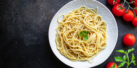 spaghetti pasta second course gluten free ready to eat on the table meal snack ingredient top view copy space for text food background rustic