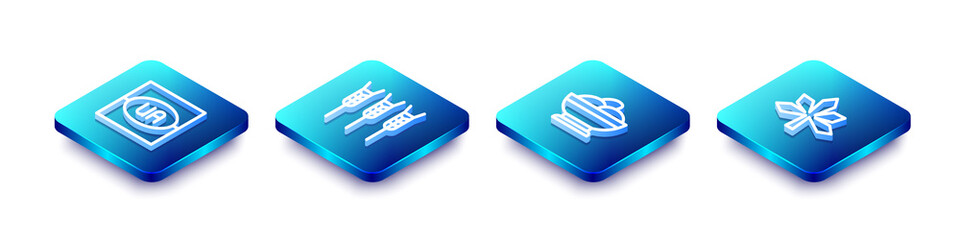 Set Isometric line Flag of Ukraine, Wheat, Varenyky bowl and Chestnut leaf icon. Vector.