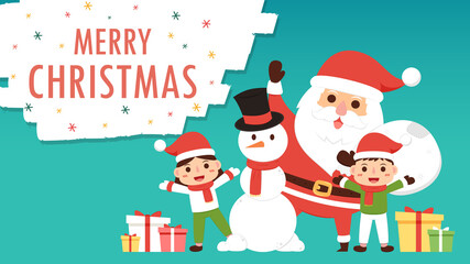 Merry Christmas and happy new year greeting poster. Holiday cartoon character. Santa Claus and Kid character design.