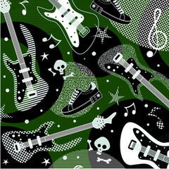 White and black guitar and shoes contour on violet background seamless pattern. Vector illustration.