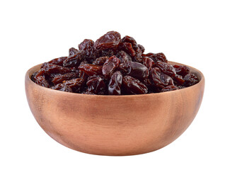dried raisins in wooden cups isolated on white background