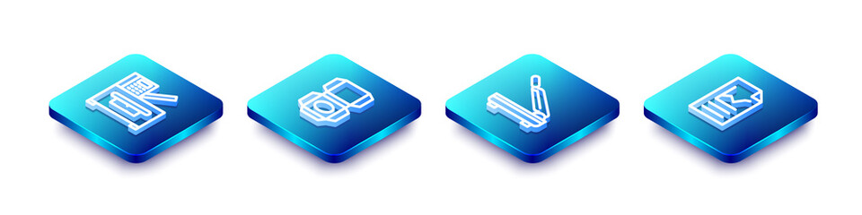 Set Isometric line Copy machine, Carton cardboard box, Paper cutter and Document with graph chart icon. Vector.