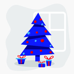 Christmas tree with gifts of blue and red flowers in flat style.