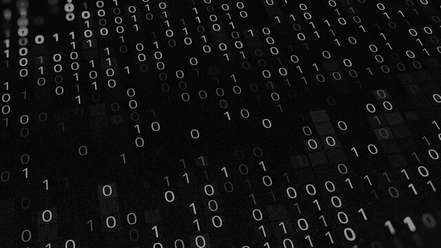 Black and white background with code zero and one. Animation. Binary code on black background. Failure in binary code system. Programming using binary code