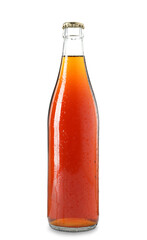 Glass bottle of delicious kvass isolated on white. Refreshing drink