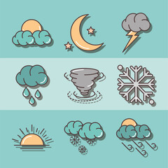 weather icons with hurricane winter thunder moon rain and sunset