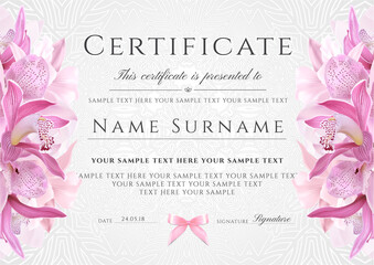 Flower blank background with pink orchid and line elegant silver curve pattern. Floral holiday design template useful for gift certificate, gift voucher, wedding