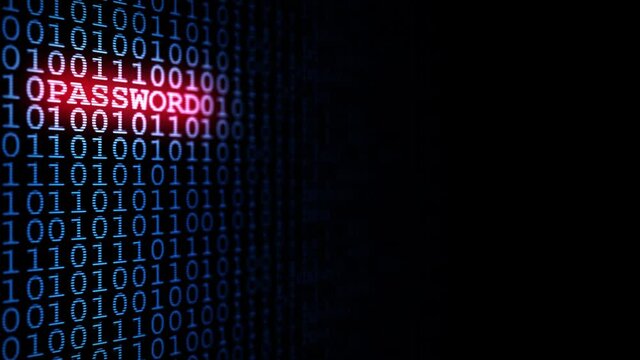 Binary code with password word on black background. Concept digital technology copy space animation.