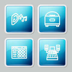 Fototapeta premium Set line Ear listen sound signal, Stereo speaker, Drum machine and Music recording studio icon. Vector.