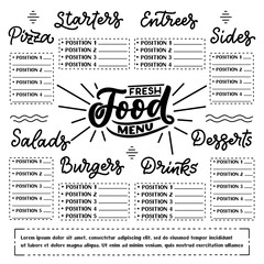 Vector template Chalkboard menu for restaurant and snack bars with grunge elements. Fresh food design