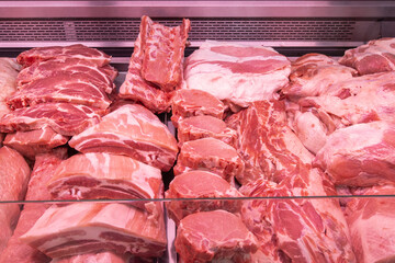 Close up of meat in a supermarket. Raw meat at butcher shop