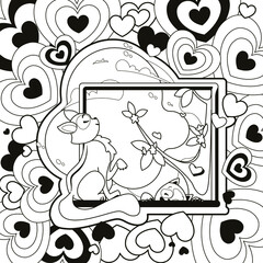coloring book, by St. Valentine's Day, the kitty sits on the window, the cat climbs the window, black and white sketch, vector illustration, square