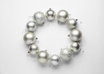 Beautiful festive wreath made of silver Christmas balls on white background, top view