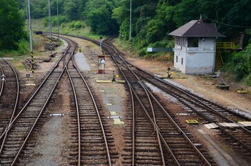 Fototapeta na wymiar Railroad tracks at Hrusovany railway station, Czech Republic. Detailed view of the track with switches and rails.