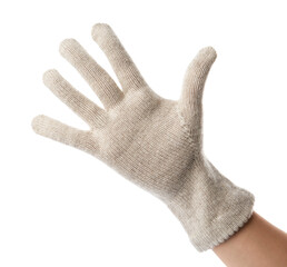 Woman wearing woolen glove on white background, closeup