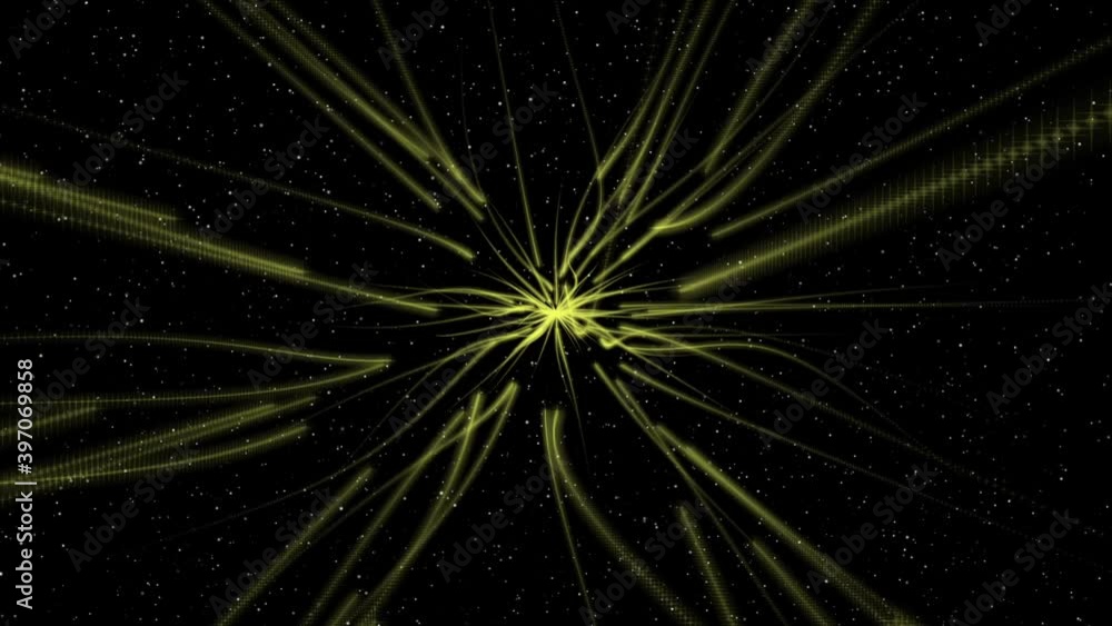 Poster abstract black background of movement of twinkling yellow particles resembling arrows and stars in o