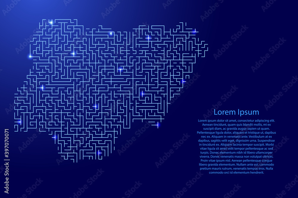 Poster nigeria map from blue pattern of the maze grid and glowing space stars grid. vector illustration.