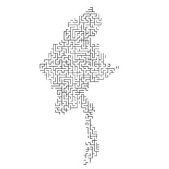 Myanmar map from black pattern of the maze grid. Vector illustration.