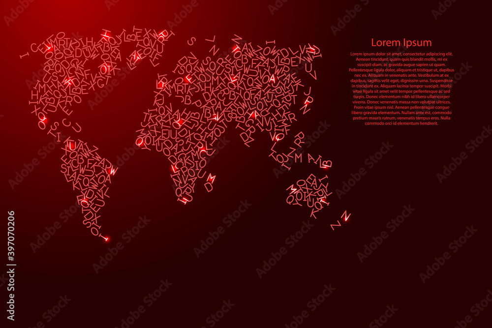 Poster world map from red pattern latin alphabet scattered letters and glowing space stars grid. vector ill