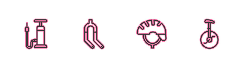 Set line Bicycle air pump, helmet, fork and Unicycle one wheel bicycle icon. Vector. © vector_v