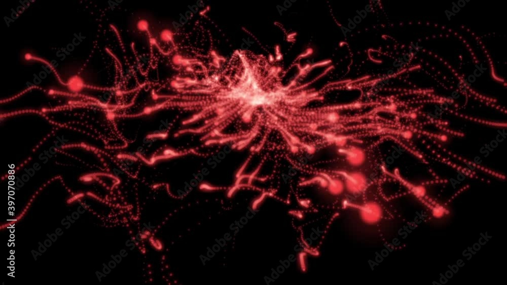 Poster abstract black background of movement of shimmering red particles changing shape and direction in ou