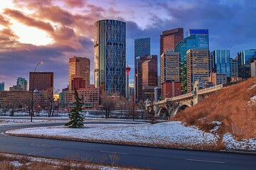 Cloudy Winter Sunrise Over Downtown Calgary
