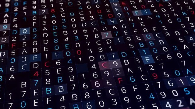 Multi-colored numbers in computer space. Animation. Database with numeric cells and letters of different colors. Set of calculated data in encoded program. Mathematical calculations in computer