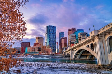 Calgary Skyline Glowing At Sunrise