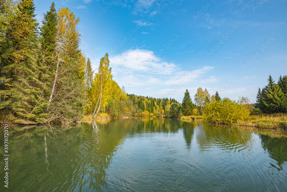 Wall mural autumn forest trees are reflected in the river water of the panoramic landscape. blue sky with cloud
