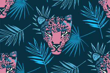 Tropical seamless pattern with palm leaves and leopard. © our_Vector