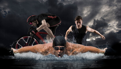 Triathlon sport collage. Man running, swimming, biking for competition race on sky background