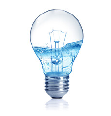 Light bulb with water splashes on white background. Alternative energy source