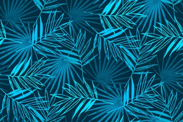 Keuken foto achterwand Tropische bladeren Blauwe tropische naadloze patroon met palmbladeren.