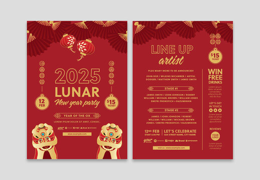 Chinese New Year Lineup Artist Flyer Layout Card with Red Illustration and Lion Dance