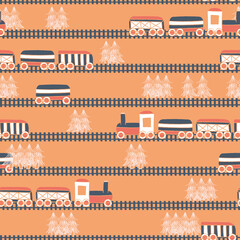 Vector orange white trains trees seamless pattern