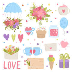 Set of cute, pretty design elements for girls with flowers, birds and hearts in pink, red and mint green. Isolated on white, good for stickers, decals, Valentines Day, Christmas, birthday