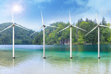 Floating wind turbines installed in water near mountains. Alternative energy source