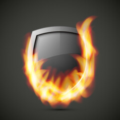 Protected guard shield concept in flame. Safety badge smoke fire icon. Privacy banner shield. Security label. Defense tag flame. Presentation sticker flame shape. defense safeguard shield smoke