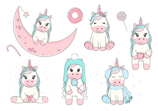 Set of cute unicorns in cartoon style. Vector illustration.