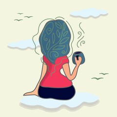 Beautiful girl sitting on a cloud dreaming and drinking coffee. Cartoon vector.
