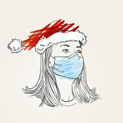 Christmas at Coronavirus illustration. Woman portrait wearing medical face mask and santa hat, looking up sideways, Hand drawn vector sketch, New normal