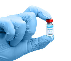 Hand in blue medical gloves holding Coronavirus vaccine. Isolated